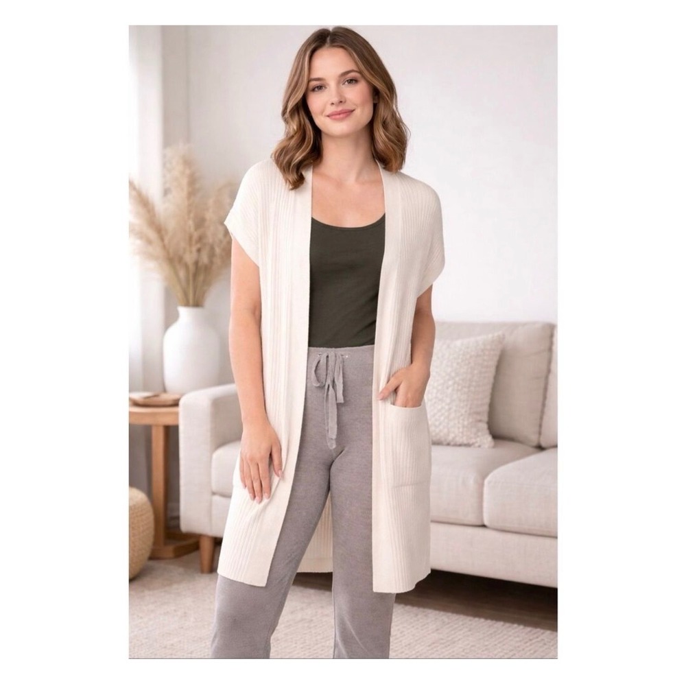 Barefoot Dreams CozyChic Ultra Lite Ribbed Vest M Almond Open Front Pockets New